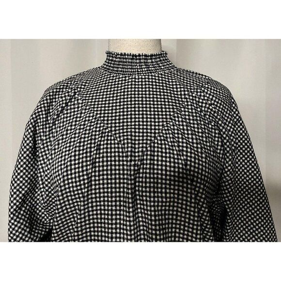 Zara Basic Black & White Gingham Check Pullover Top Sz S Smocked Detail - Picture 2 of 4